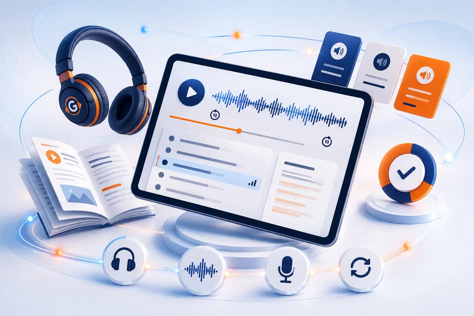 Garantili İngilizce platformu: player, transkript, kelime kartları ve tekrar araçlarını gösteren illüstrasyon